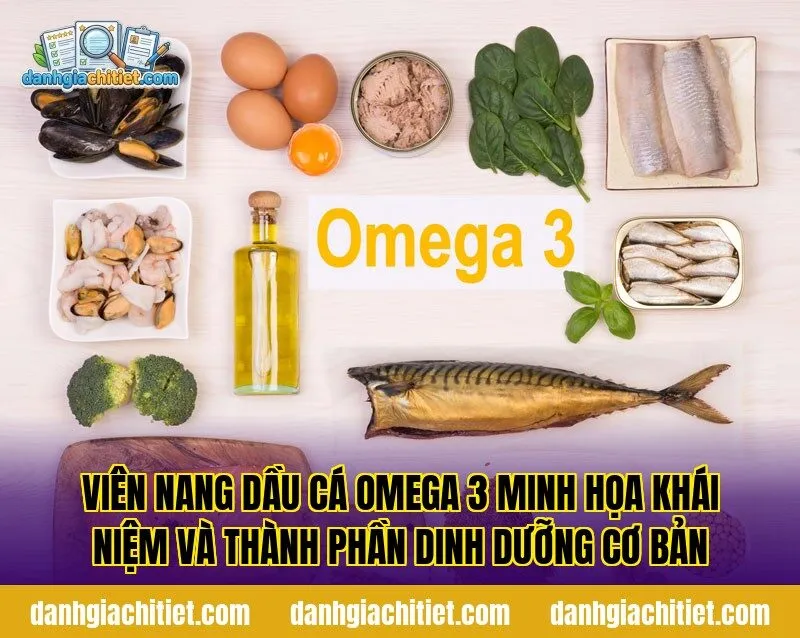 Viên nang dầu cá Omega 3 minh họa khái niệm và thành phần dinh dưỡng cơ bản