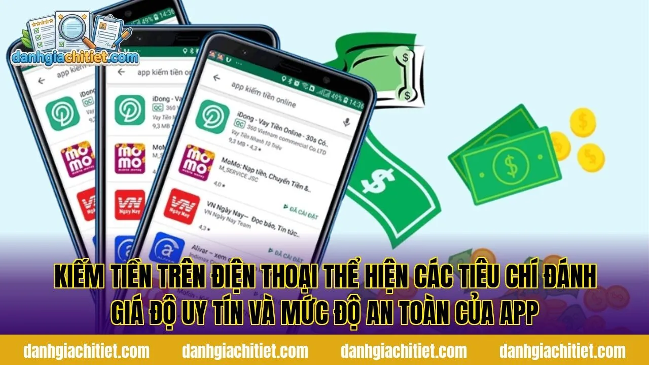 Kiếm tiền trên điện thoại thể hiện các tiêu chí đánh giá độ uy tín và mức độ an toàn của app
