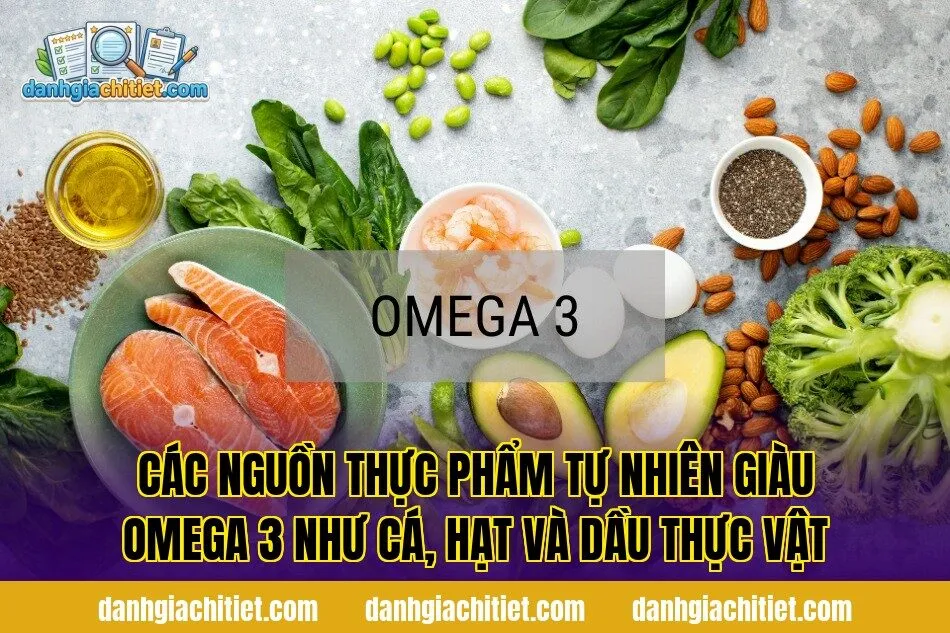 Các nguồn thực phẩm tự nhiên giàu Omega 3 như cá, hạt và dầu thực vật